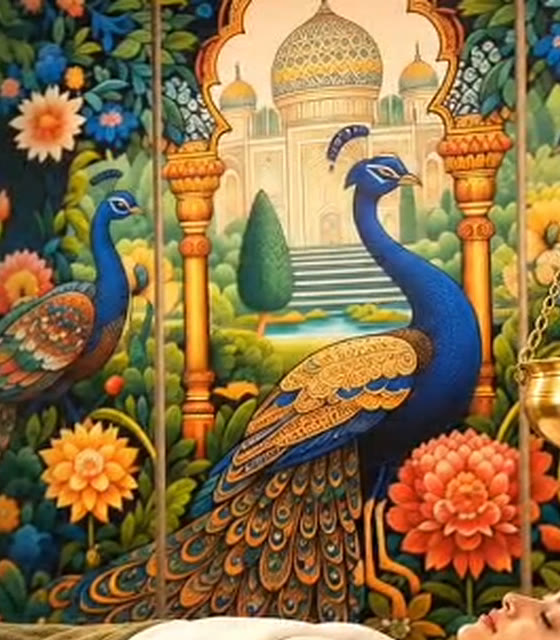 Ayurvedic mural: peacocks, florals and a temple arch