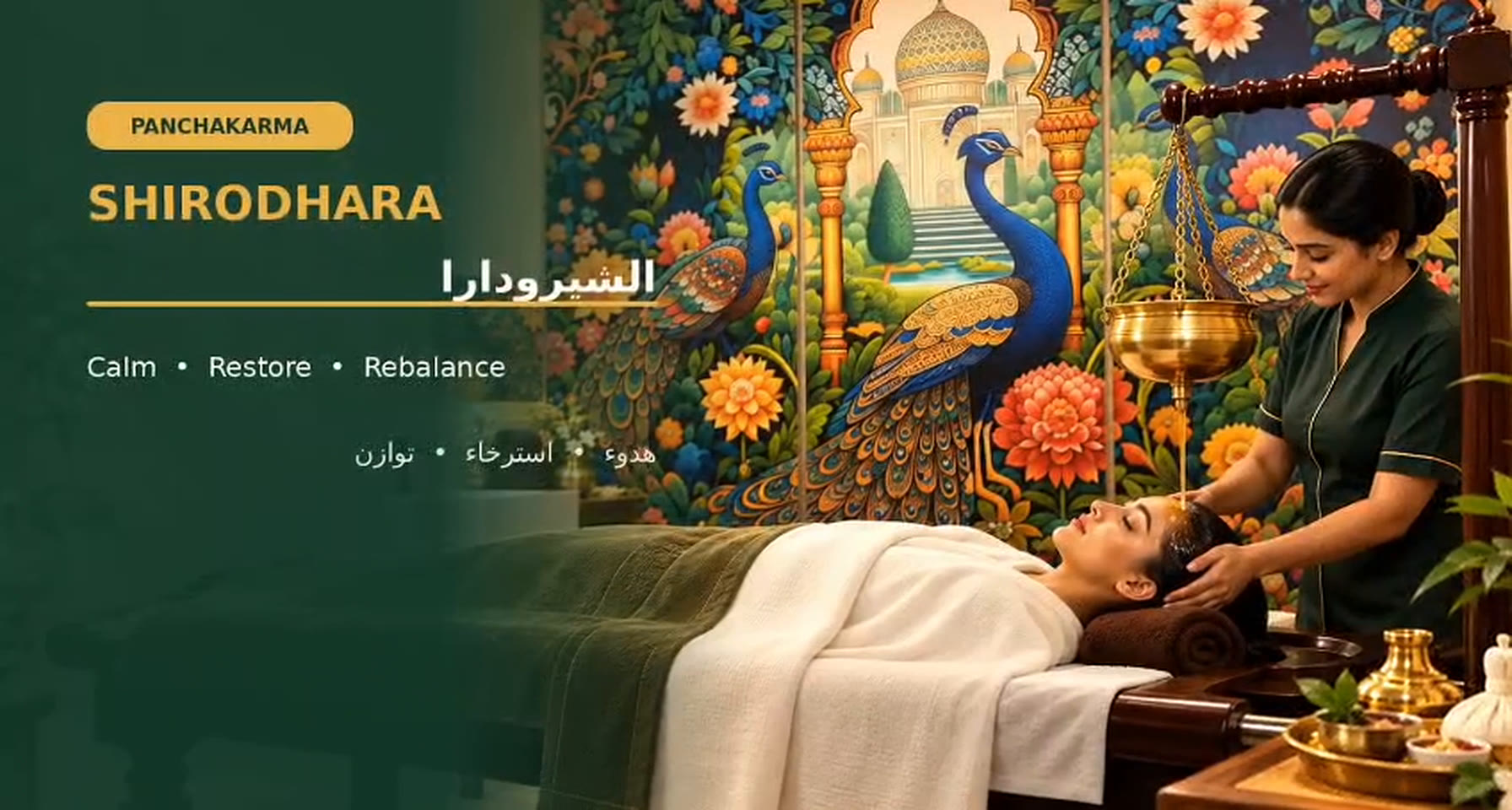Shirodhara treatment in front of a peacock mural